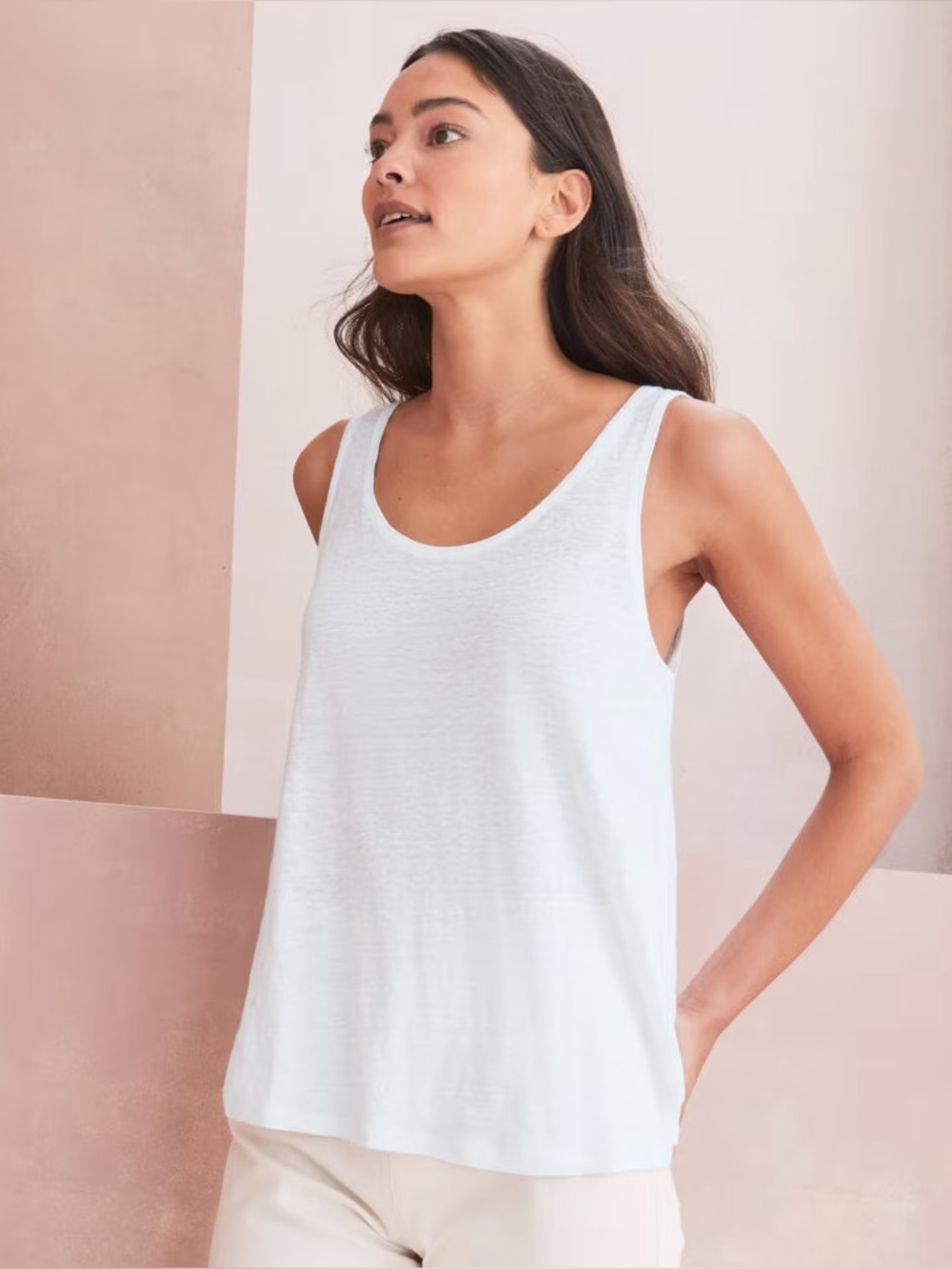 Eileen Fisher 100% Linen Jersey Scoop Neck Tank White Small